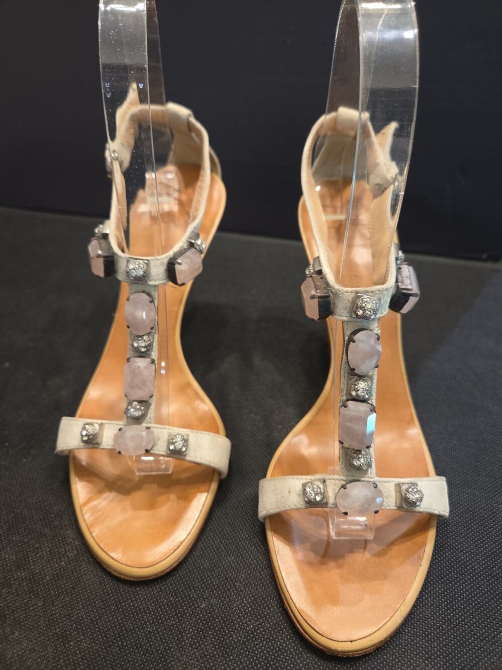 GIUSEPPE ZANOTTI Vintage Pink Crystal Floral T-Strap Beige Eu37.5 Us7.5